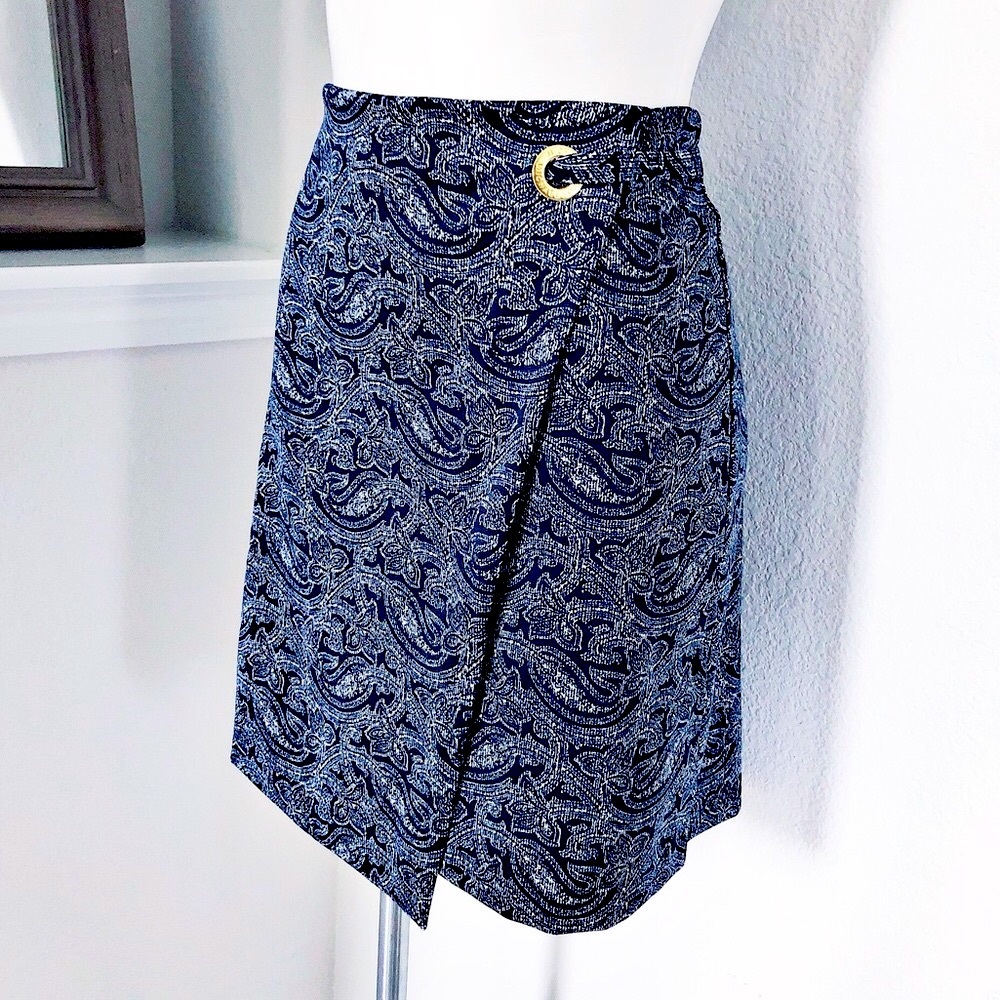 Michael Kors Faux Wrap Paisley Mini Skirt in True Navy, New with Tag